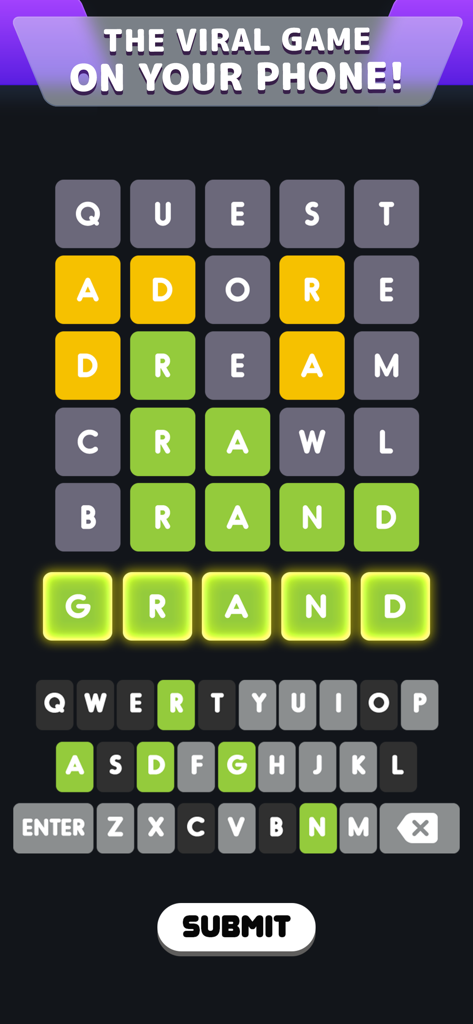 A screenshot of the Wordle mobile app showing a solved five-letter word puzzle with color-coded tiles and a keyboard.