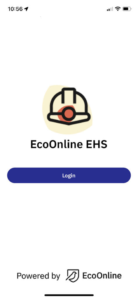 Login screen of the EcoOnline EHS mobile app with a hard hat icon and login button