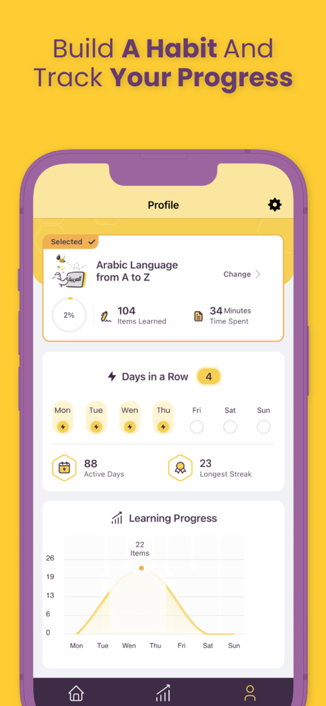 AlifBee - Learn Arabic Easily - AlifBee app profile dashboard showing learning progress and daily streaks