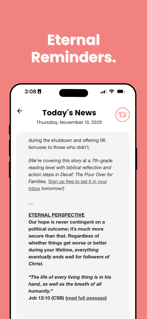 The Pour Over app interface displaying news summaries with a biblical perspective and a scripture verse.