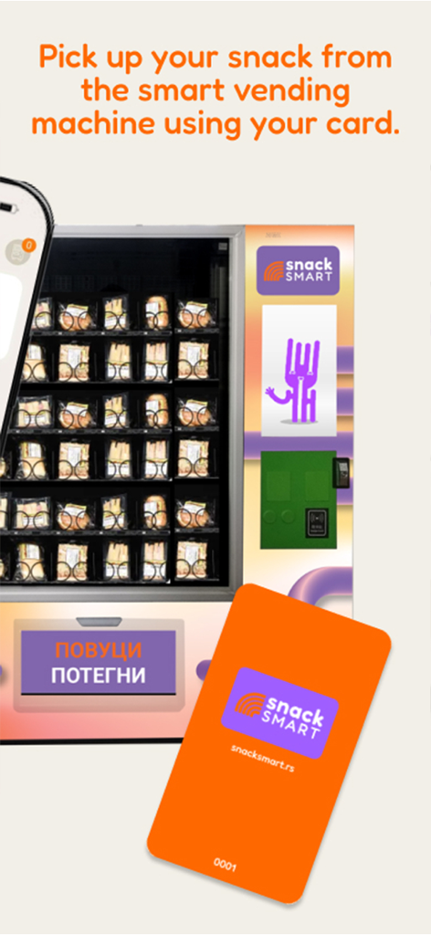 Healthy snacks inside a Snack Smart vending machine with a branded orange payment card.