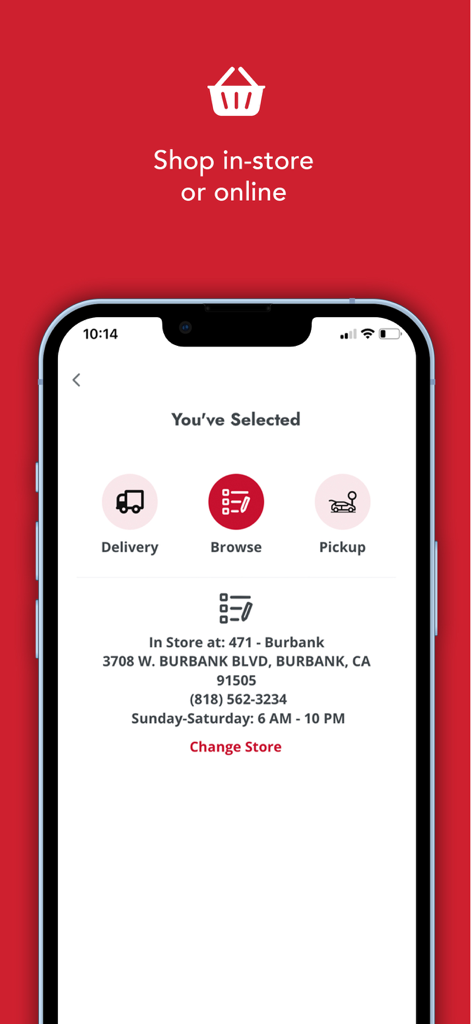 Smart and Final app screen showing delivery browse and pickup options with store details for Burbank California