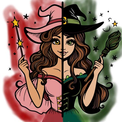 half realistic good witch and the good witch is holing a wand and and half bad witch