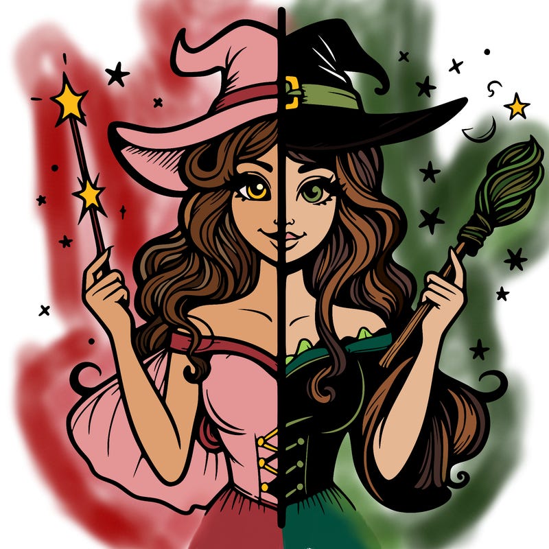 half realistic good witch and the good witch is holing a wand and and half bad witch