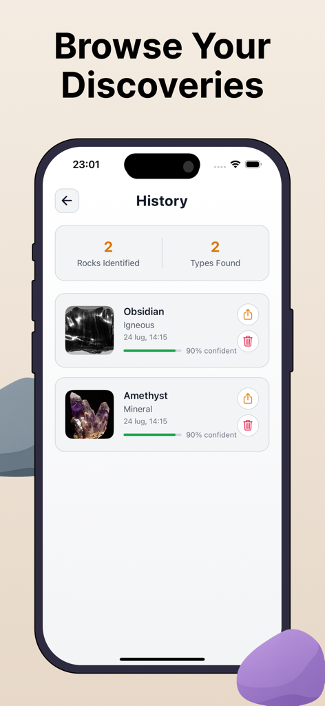 Rock Identifier: GeoLens - The history screen of the Rock Identifier GeoLens app showing a collection of identified specimens including obsidian and amethyst.