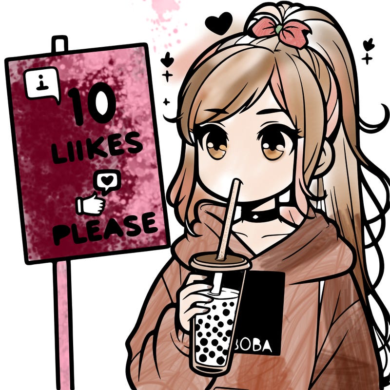 girl with a high ponytail and a hoodie drinking boba staring at a sign saying 10 likes please