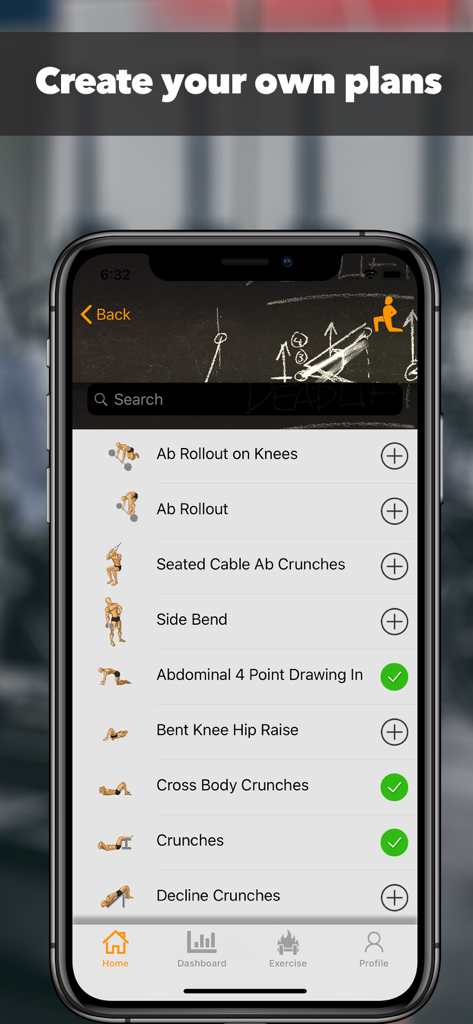 Fitzy App-Oberfläche, die eine Liste von Bauchübungen zur Erstellung benutzerdefinierter Trainingsroutinen anzeigt