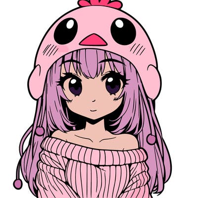 anime girl with chick shaped hat with sweater with bare shoulders with bangs covering them one eye with low tail