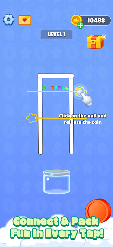 Color Coin Pack - A gameplay screen showing a pin-pulling puzzle where a hand pulls a nail to release colorful coins into a jar