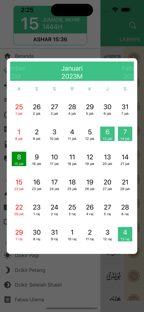 HijrahApp - Dakwah Sunnah - Mobile screen of HijrahApp showing a combined Gregorian and Hijri calendar popup over a side navigation menu.