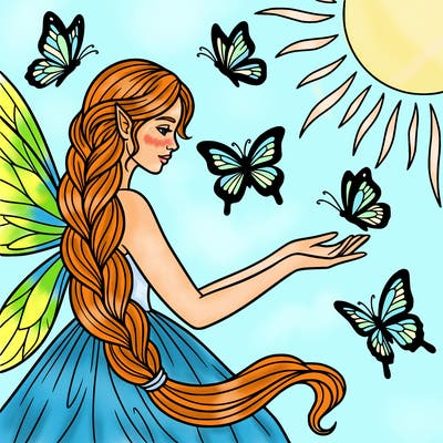 fairy a long braid and butterflies and sunshine.