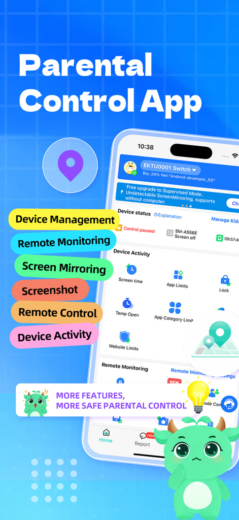 KidsLink Kids - KidsLink Parental Control app interface showing remote monitoring and device management features