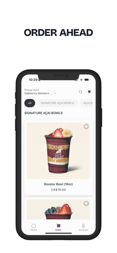 OAKBERRY CA - Oakberry CAモバイルアプリのインターフェース。事前注文機能が表示されたアサイーボウル注文画面。
