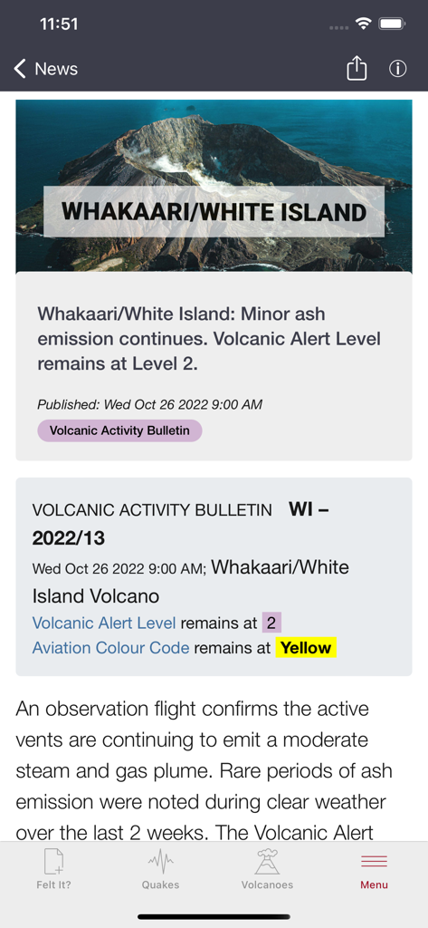 GeoNet Quake app showing a volcanic activity bulletin for Whakaari White Island with alert levels and aviation codes