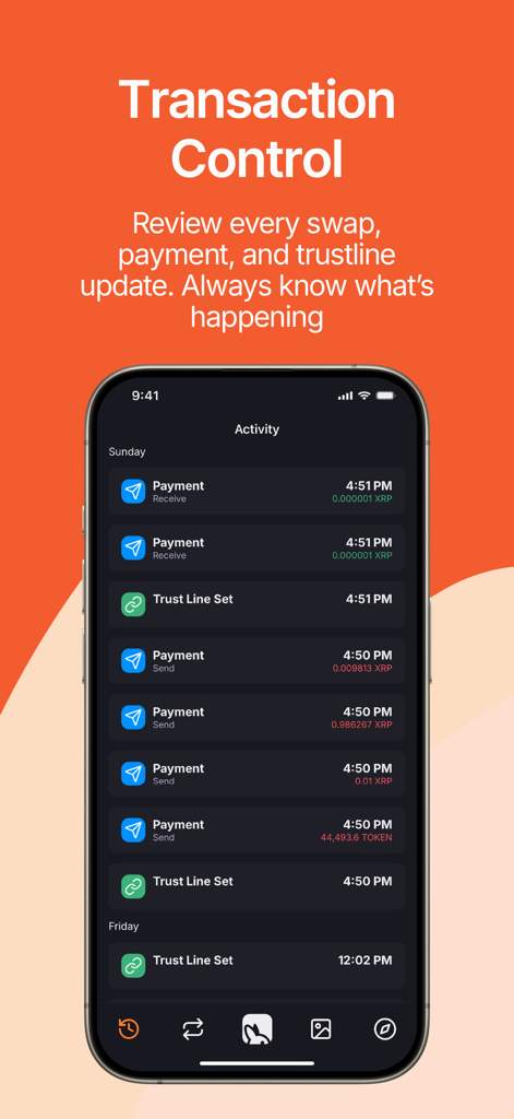 Joey Wallet - Joey Wallet mobile app activity screen showing transaction history for payments and trust line updates on the XRPL.