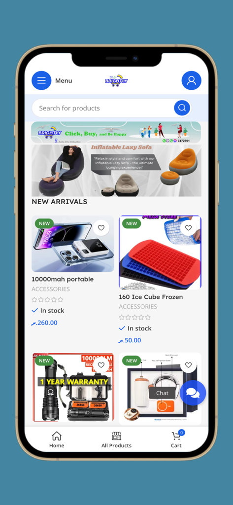 Screenshot of the Brightly MV mobile app showing the home screen with new arrivals and product categories.