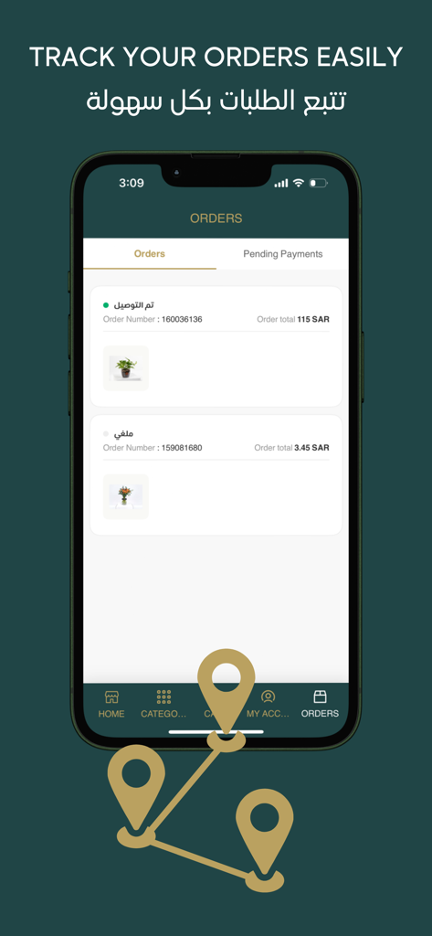Un smartphone montrant l'écran de suivi des commandes de l'application Ward Station avec une liste des achats passés et leur statut.