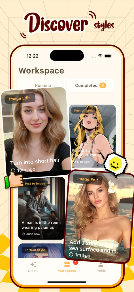 Der Arbeitsbereich der Ario-App, der verschiedene KI-Funktionen wie Bildbearbeitung, Porträt-Stiltransformationen und Text-zu-Bild-Generierung zeigt.