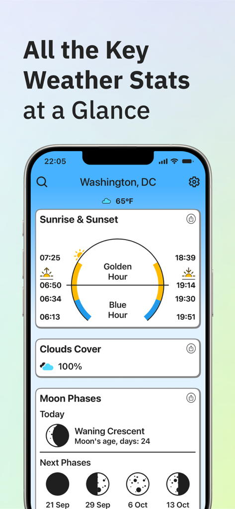 Captura de tela do iPhone do aplicativo Weather Cards exibindo cartões de nascer do sol, pôr do sol e fase da lua para Washington DC