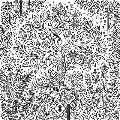 Explore a fascinating blend of nature and technology with this intricate digital plants and flowers coloring page. Its dense, detailed design promises hours of creative relaxation for adults and teens.
