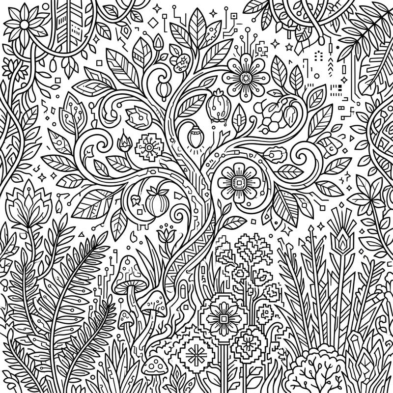 Explore a fascinating blend of nature and technology with this intricate digital plants and flowers coloring page. Its dense, detailed design promises hours of creative relaxation for adults and teens.