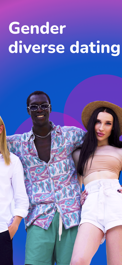 Fiorry: Transgender Dating - Fiorry app screenshot featuring diverse individuals and the text Gender diverse dating on a blue and purple background