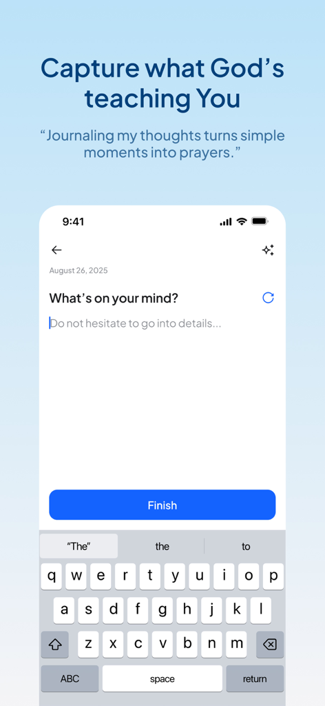 Duomo: Bible & Daily Devotions - Une interface mobile de l'application Duomo montrant un écran de journalisation quotidienne et de réflexion par la prière.