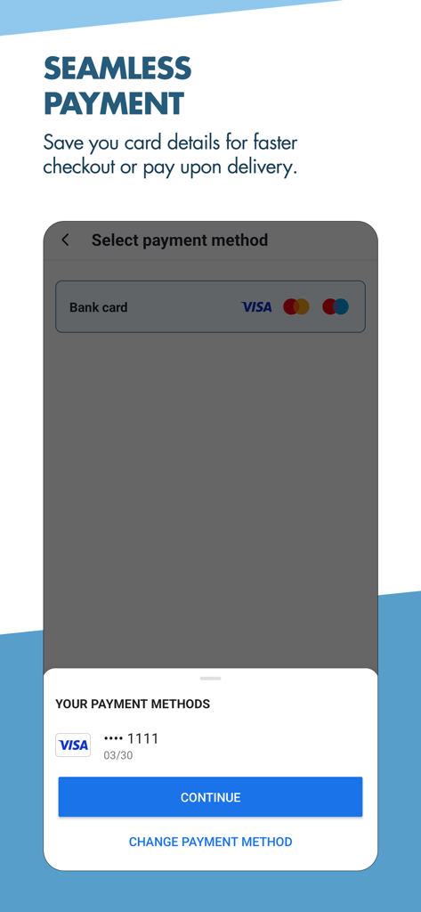 Seamless payment screen in Mega Image Online app showing saved bank card for fast checkout