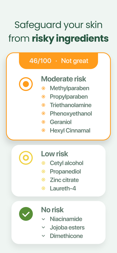 A mobile interface from OnSkin showing a beauty product safety score of 46 and a detailed breakdown of moderate low and no risk ingredients