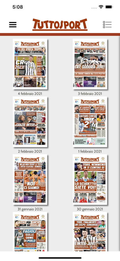 Griglia di copertine di quotidiani digitali nell'archivio dell'app Tuttosport HD