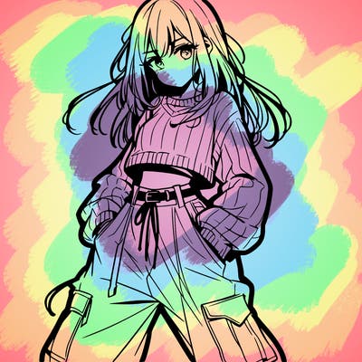 anime teen girl with baggy pants and crop top with sweater