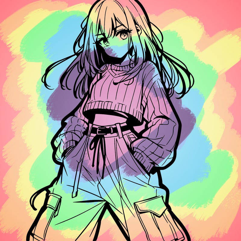 anime teen girl with baggy pants and crop top with sweater