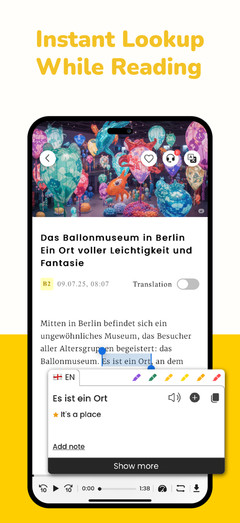Todaii: Learn German A1-C1 - Instant lookup and translation tool within the Todaii German learning app
