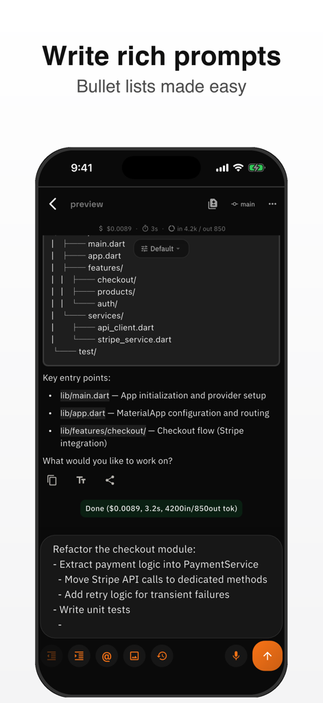 CC Pocket: Dev Agent Remote - Mobile interface showing rich prompts with bullet lists for AI code refactoring