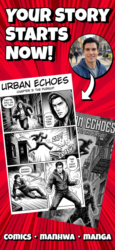 KAI: Comic Maker Manga, Manhwa - Una foto de un hombre transformándose en un personaje de cómic en la aplicación KAI Manga y Manhwa maker