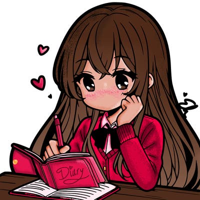 cute shy anime girl with long hair writing about her boy crush in her diary