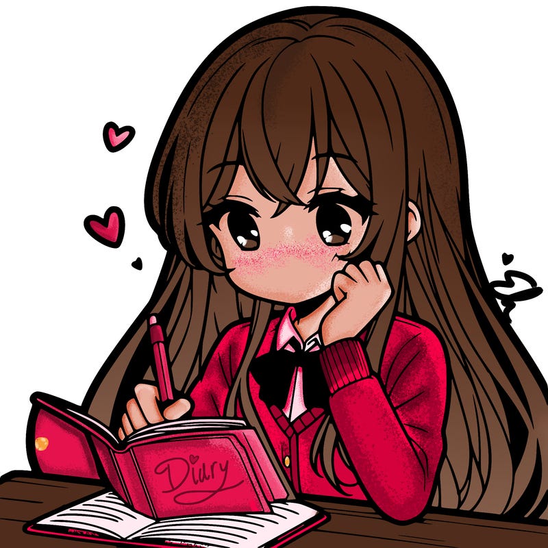 cute shy anime girl with long hair writing about her boy crush in her diary