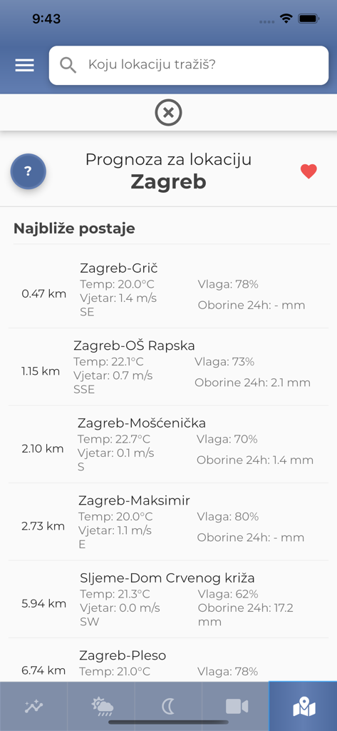 Neverin - Neverin app interface showing a list of nearby meteorological stations in Zagreb with live weather data