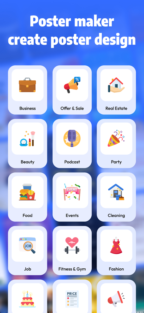 Poster Maker, Flyer Creator - ビジネス、不動産、イベントなどのポスターとフライヤーのデザインカテゴリの選択。