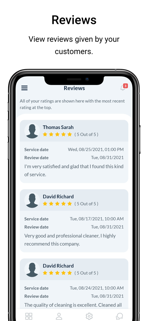 Bildschirm der mobilen App BookingKoala mit Kundenbewertungen und Sternebewertungen für Serviceprofis