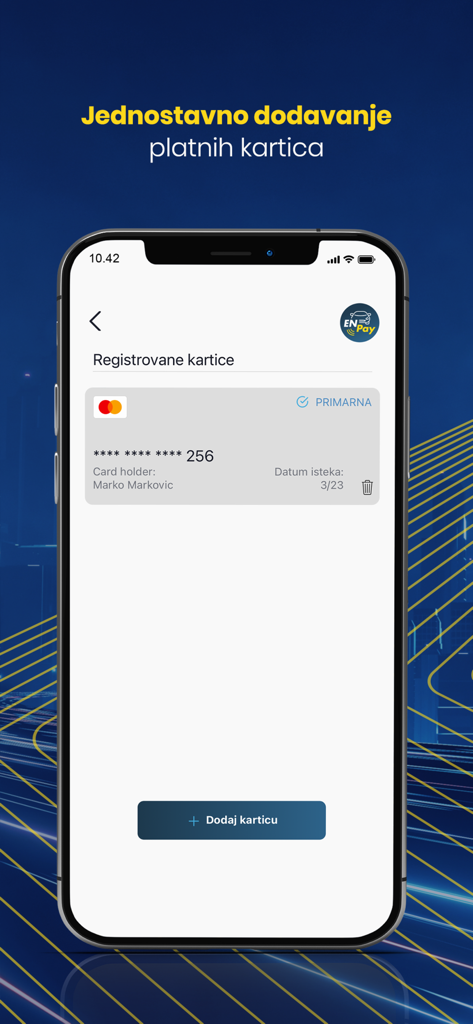 ENPay - ENPay Mobile App-Bildschirm mit einer registrierten Mastercard und einer Schaltfläche zum Hinzufügen neuer Zahlungskarten für Mautzahlungen