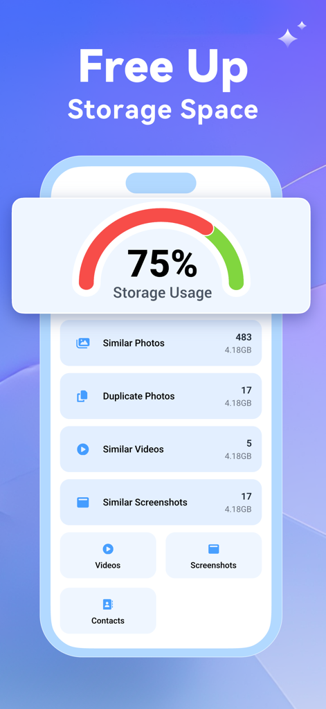 A mobile app interface displaying 75 percent storage usage with options to delete similar photos and duplicate videos