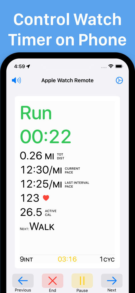 Intervals Pro: HIIT Timer - Intervals Pro app showing Apple Watch remote on iPhone with running stats