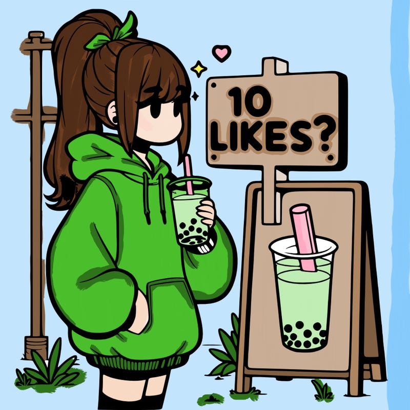 girl with oversized hoodie drinking boba and she has a high ponytail with a sign that says 10likes?