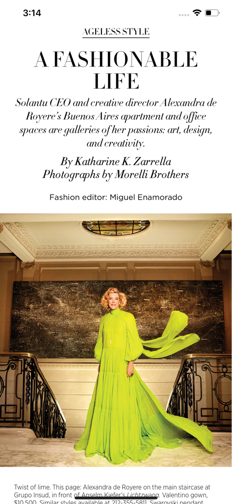 Digital magazine article titled A Fashionable Life featuring a woman in a lime green gown on a grand staircase.