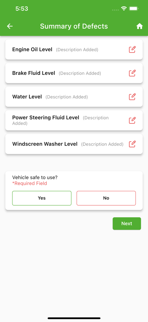 Freestyle II - Zusammenfassung der Fahrzeugschäden und Bestätigungsbildschirm für die Sicherheit