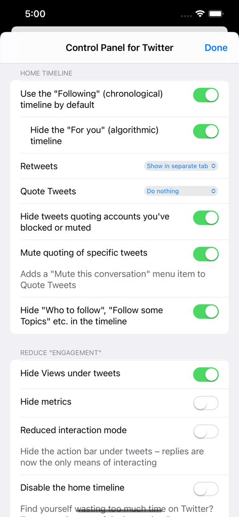 Settings screen of Control Panel for Twitter showing options to use chronological timeline and hide engagement metrics.