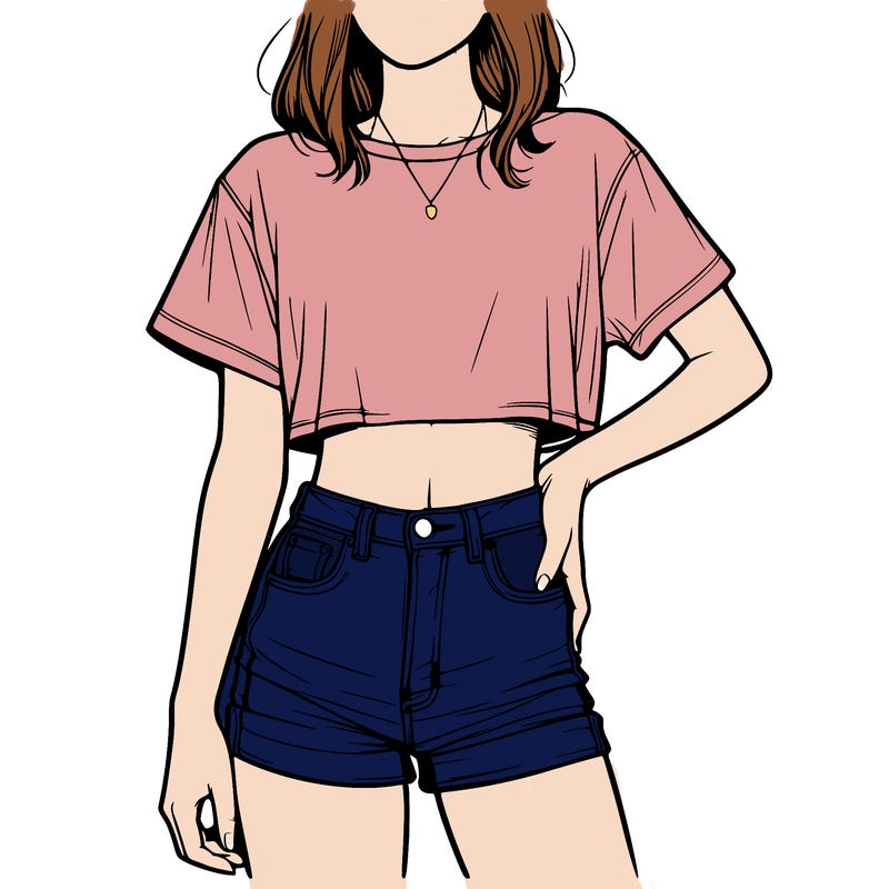 relistic girl with a cropped t shirt and jean shorts
