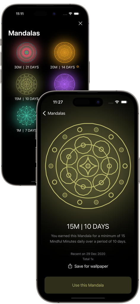 Meditate - Mindfulness app - A collection of aesthetic mandalas representing meditation progress and streaks in the Meditate app.