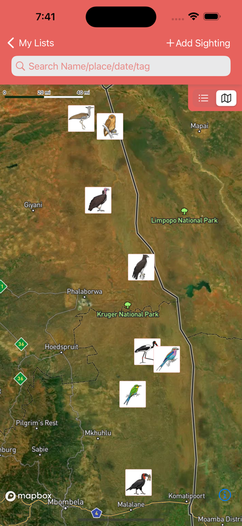 Firefinch - Interactive map in the Firefinch app showing bird sightings and locations in Southern Africa including Kruger National Park